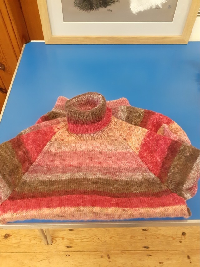 The multi coloured knitted jumper was beautifully done by Pat.